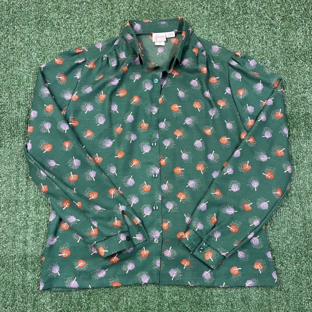 Vintage Pikettes Leaf Print Button Up‎ Shirt Green Kids Size 14